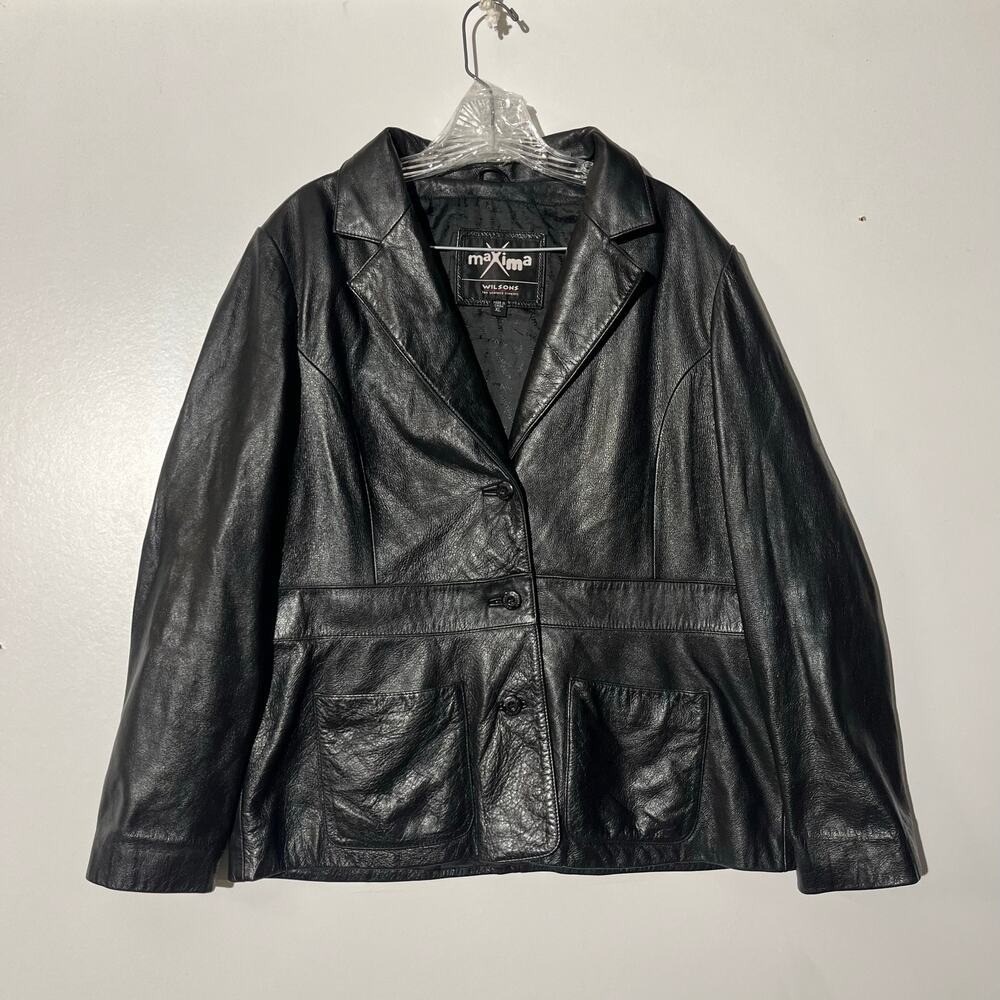 Vintage 90s Wilsons Leather Maxima Black Leather Jacket Button Front Womans XL‎